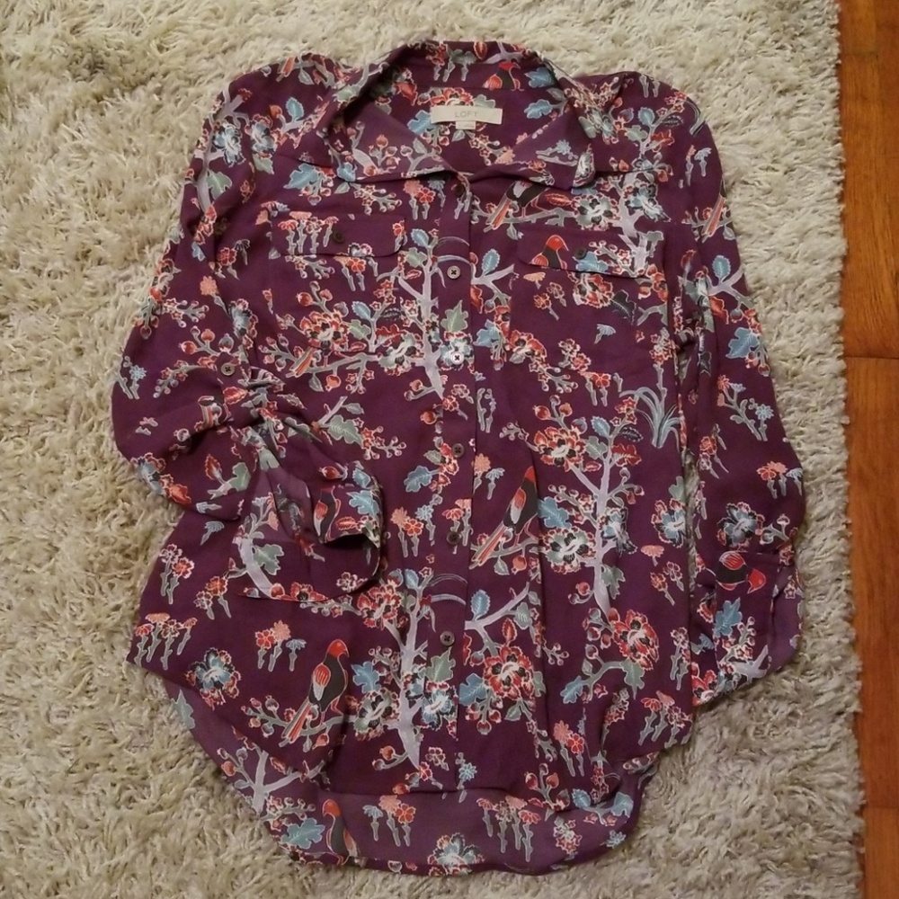 Purple Bird Print Utility Blouse with Pockets